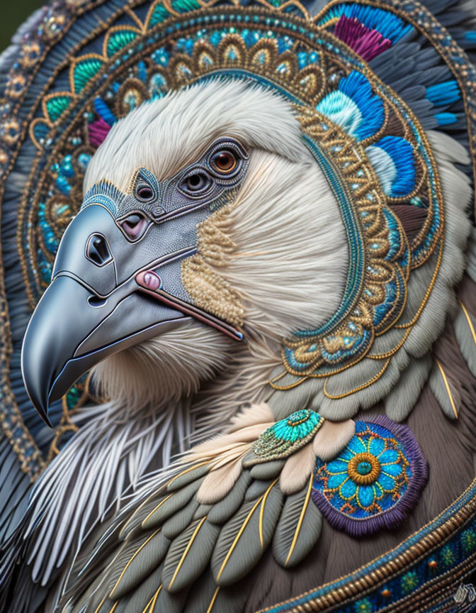 Vibrant bird digital art with mandala-like patterns and ornate feathers