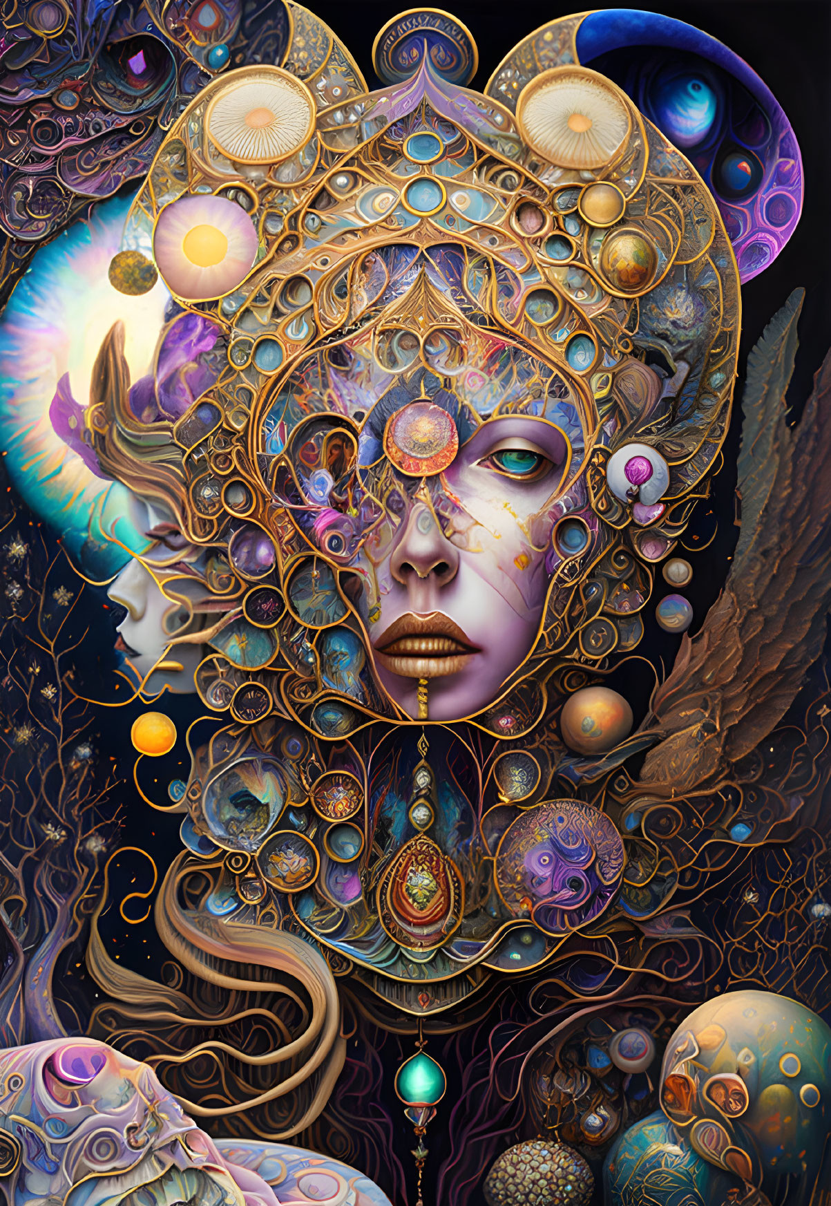 Surrealist Artwork: Human Features with Cosmic and Floral Elements