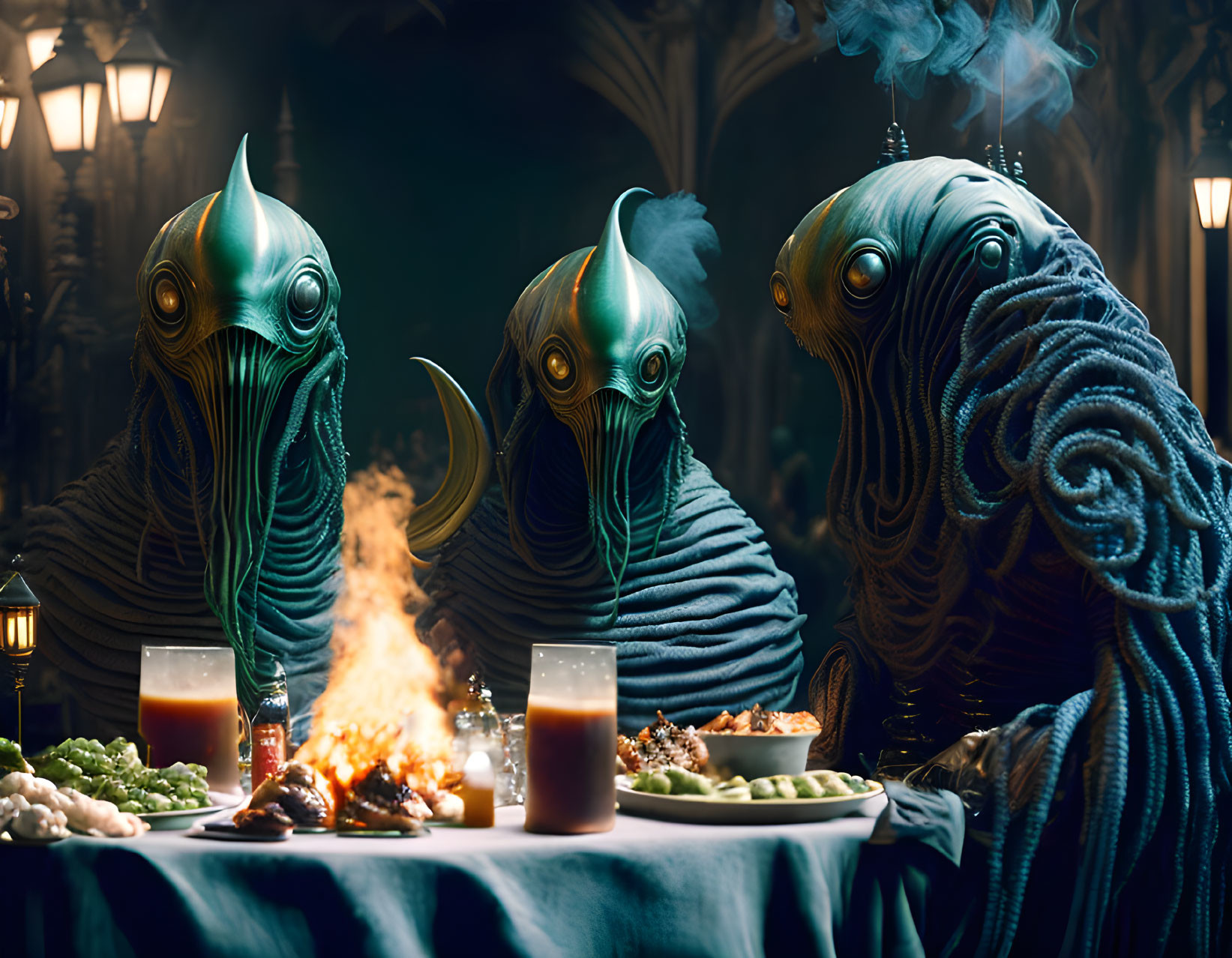 Three tentacled creatures in robes dining in eerie setting