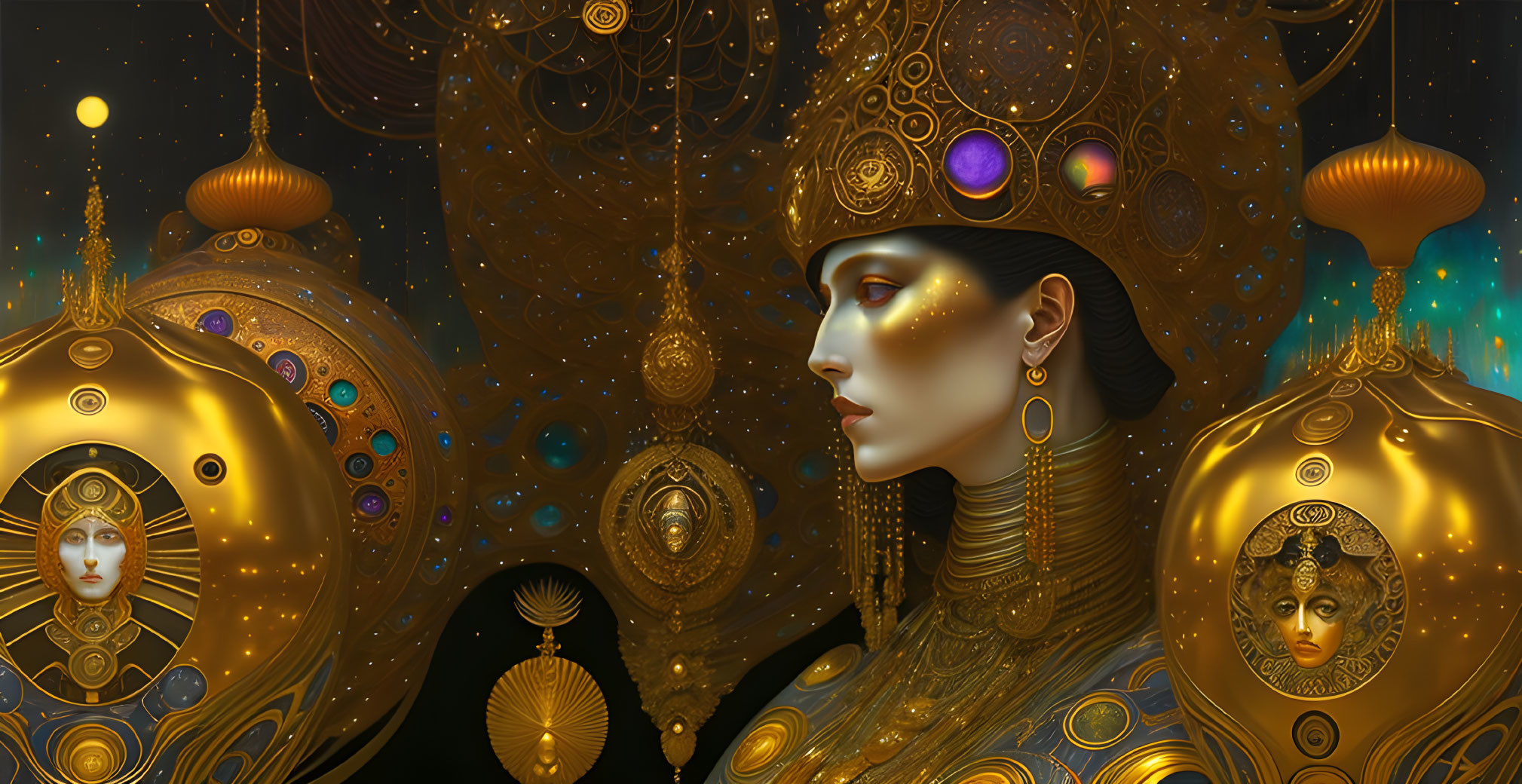 Stylized illustration of woman with celestial headdress and golden jewelry