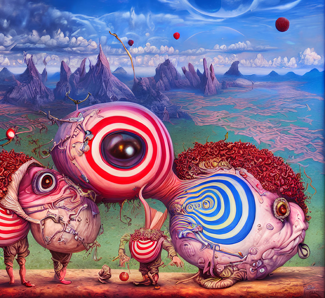 Surreal painting of vibrant creature-like forms in fantastical landscape