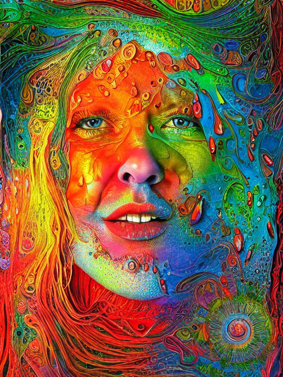 Colorful psychedelic portrait with swirling patterns and intense colors over a contemplative face.