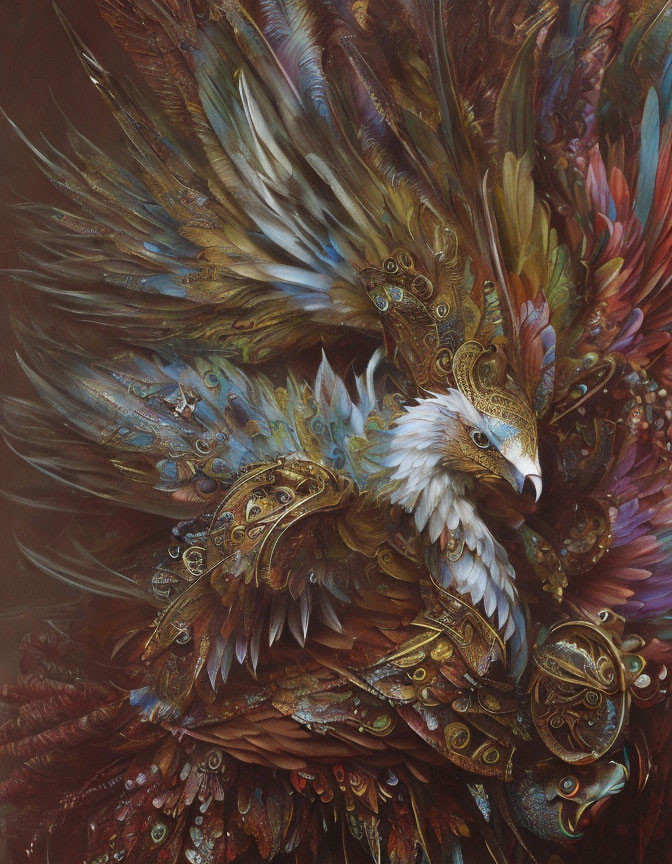 Detailed Painting of Eagle with Colorful Feathers & Gold Accents