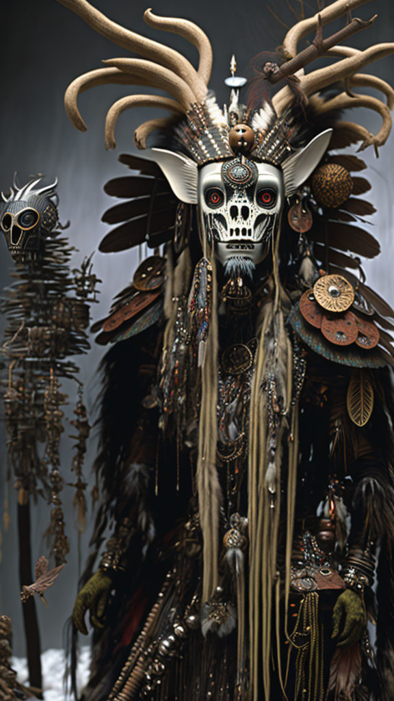 Intricate shamanistic costume with skull mask, antlers, beads, feathers