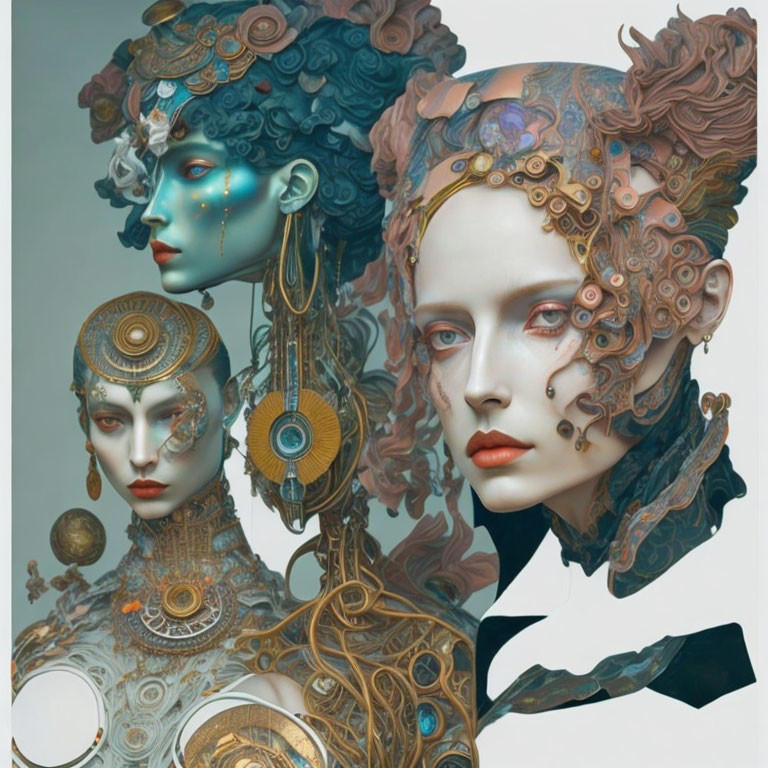 Stylized ornate female figures with baroque and steampunk blend