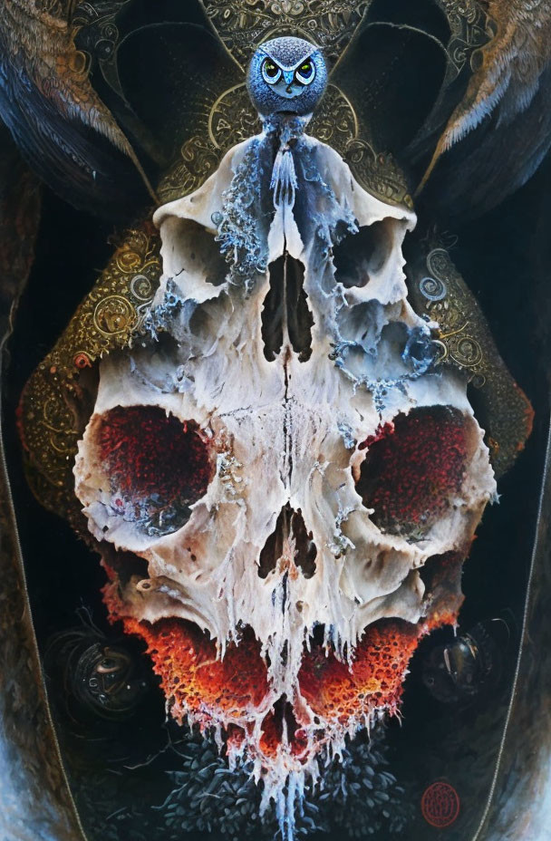 Intricate owl-like figure on symmetrical skull with vibrant red accents