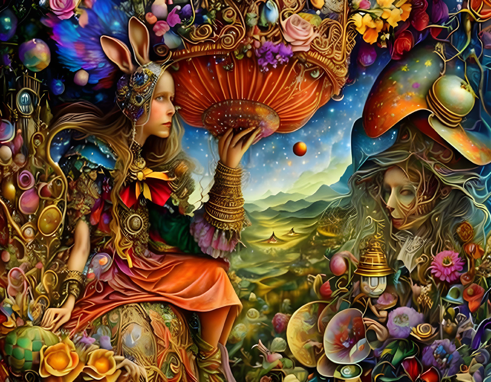 Colorful fantasy artwork: Woman with bunny ears holding mushroom in intricate nature background