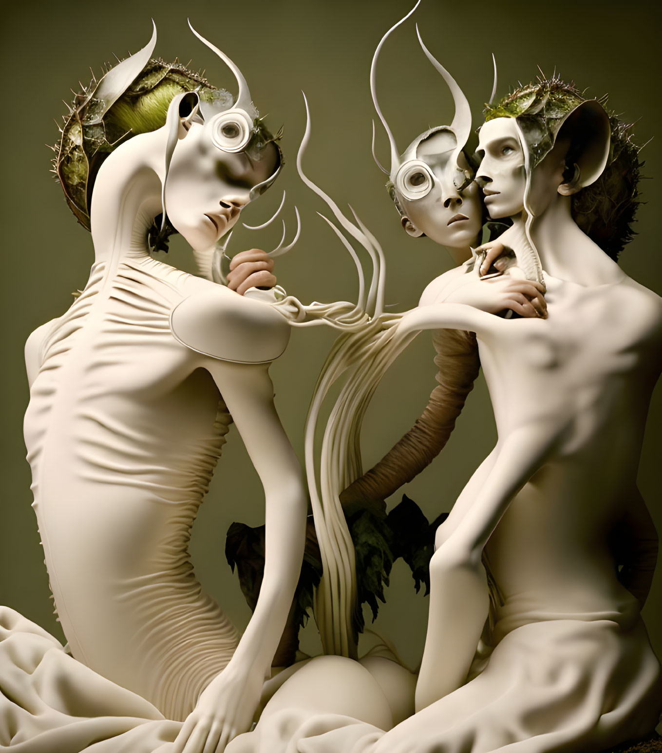 Surreal humanoid figures with spiraled horns and captivating eyes in natural-inspired colors and textures