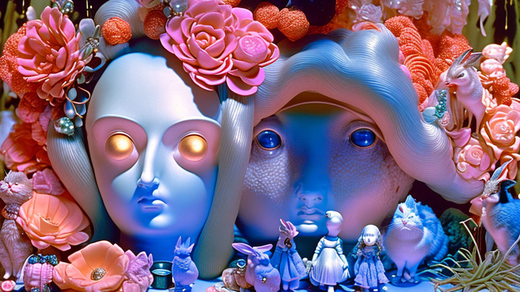 Blue-hued surreal artwork with glossy faces and floral adornments.