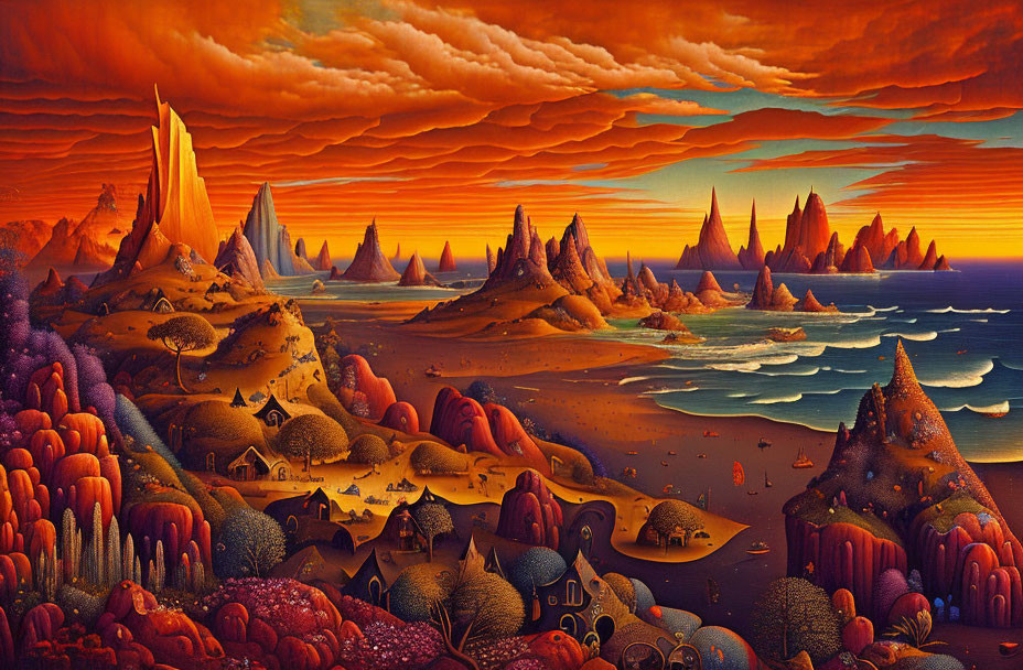 Vibrant surreal landscape with rolling hills and dramatic sky