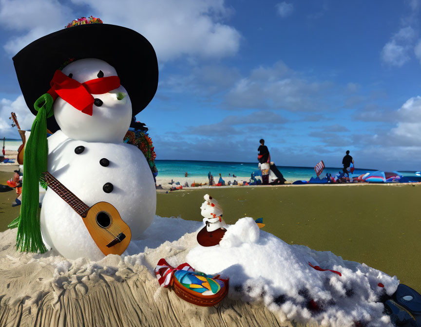 Snowman with ukulele, small snowman, and maracas on sunny beach with people and