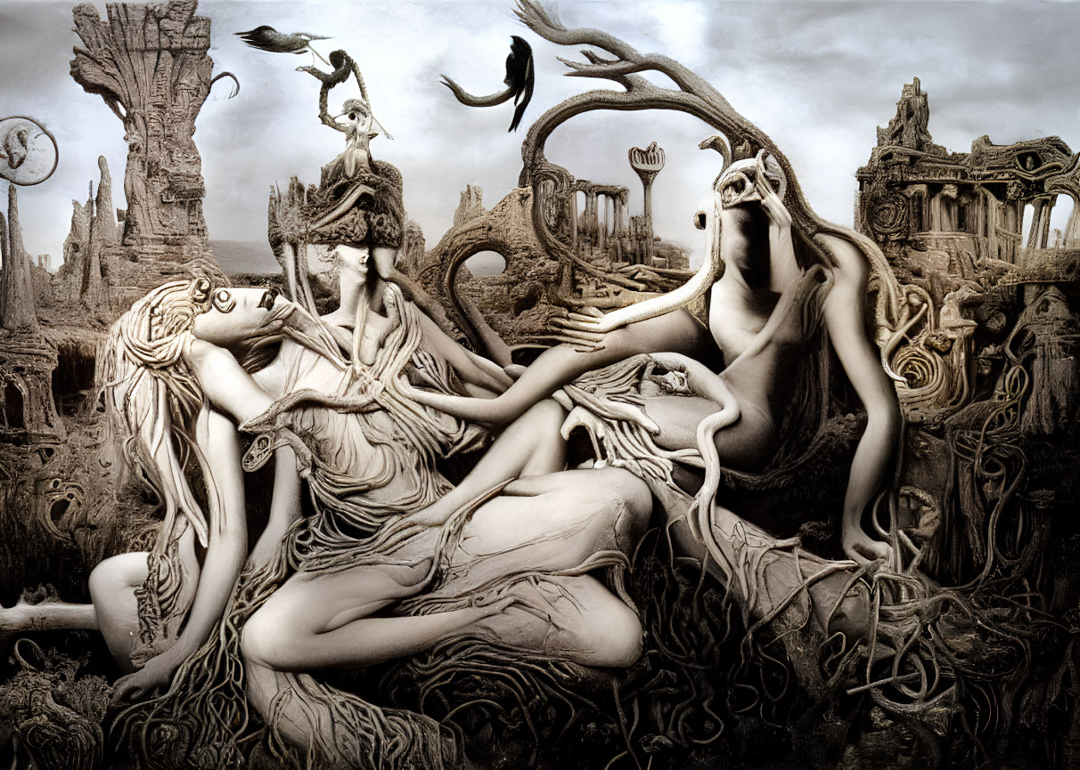 Monochrome surreal artwork: Three female figures with tree-like limbs, ruins, and flying birds