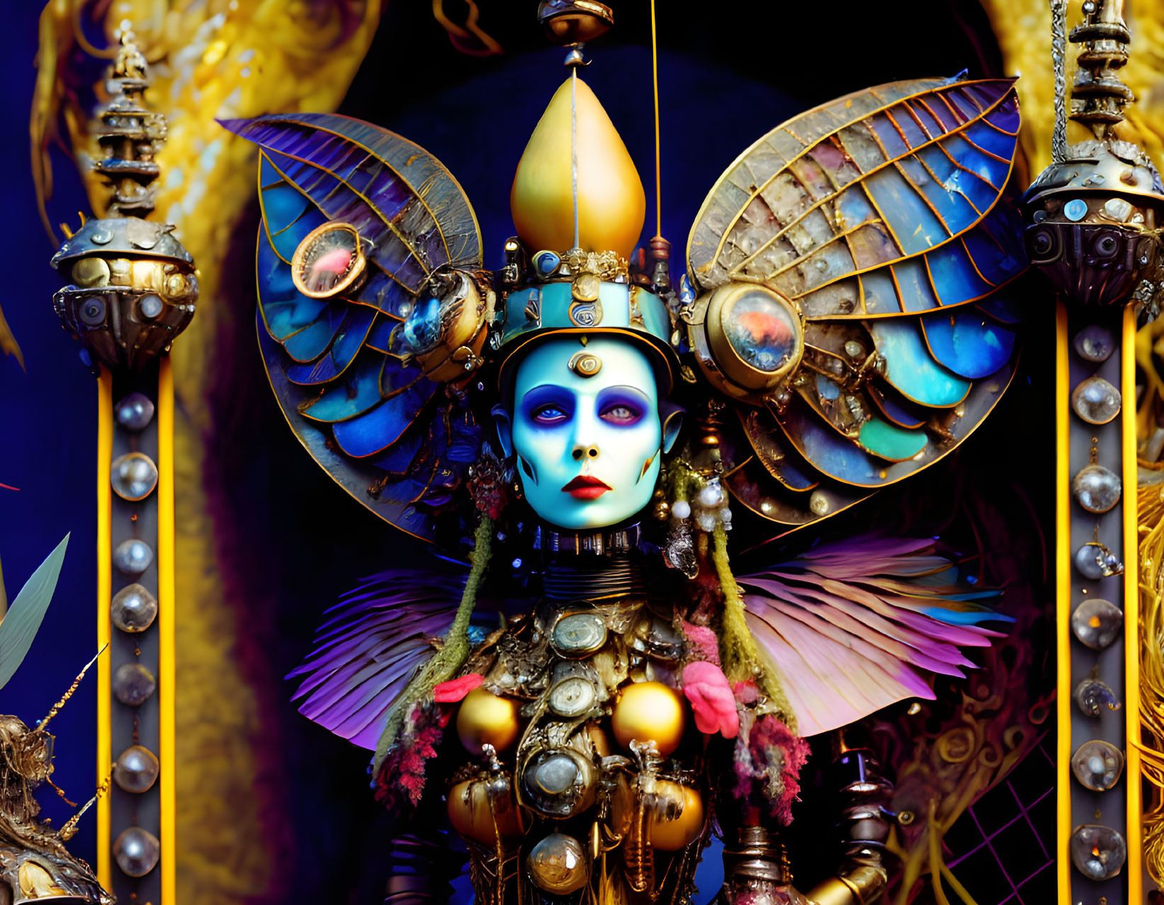 Figure in Ornate Costume with Golden and Blue Elements, Wings, and Colorful Makeup