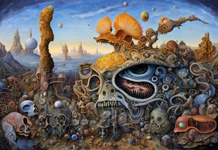 Surrealist landscape: organic shapes, central eye, intricate structures, celestial bodies.