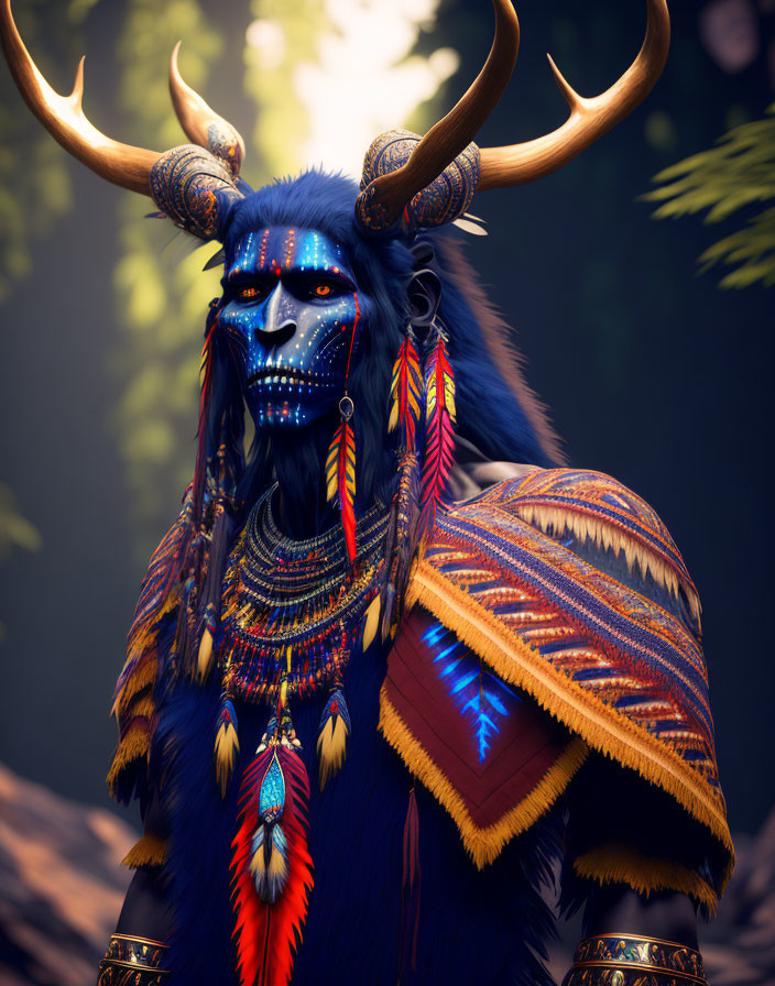 Blue-furred humanoid mythical beast in traditional attire in forest setting