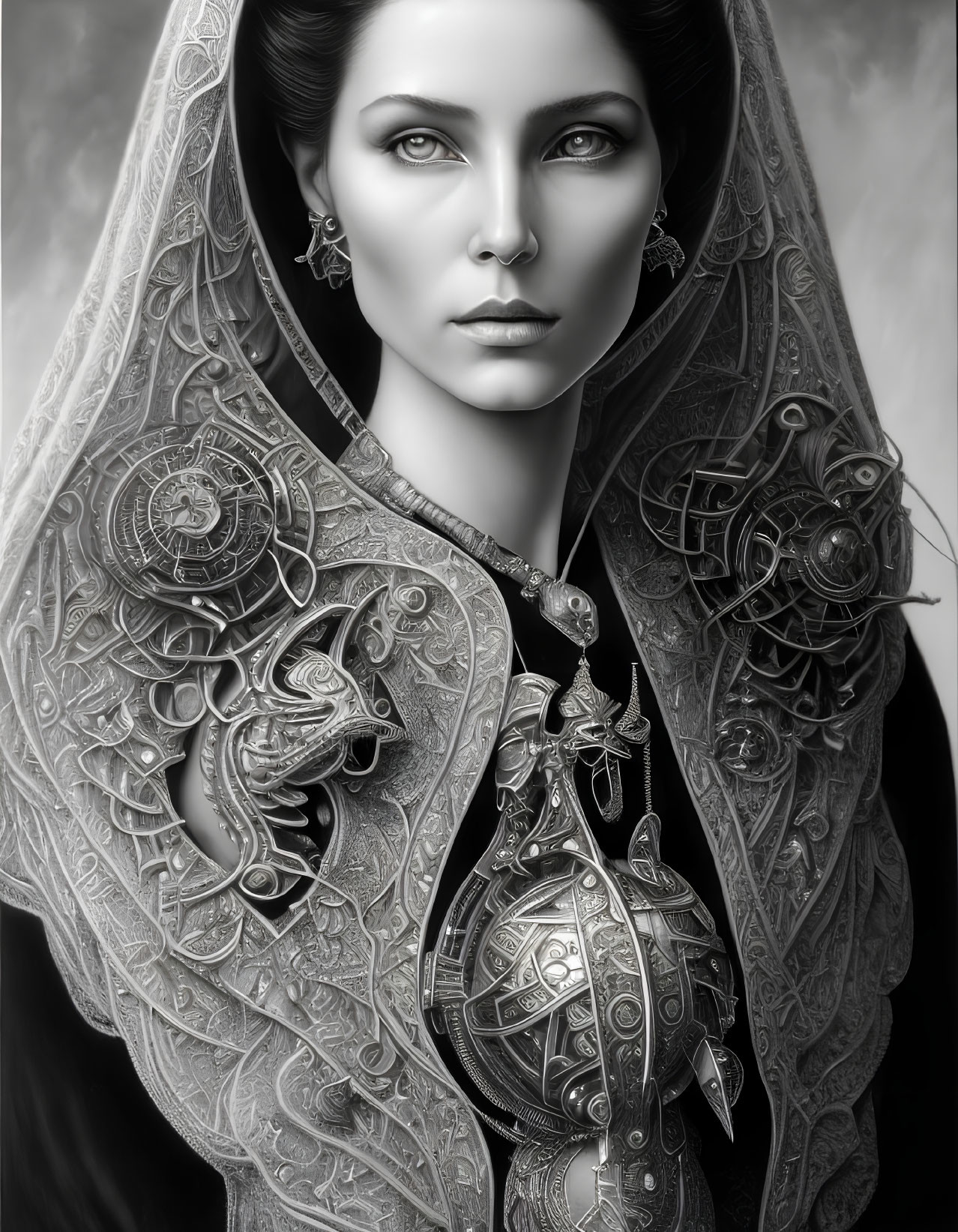 Monochromatic portrait of woman with captivating eyes and dragon-themed jewelry