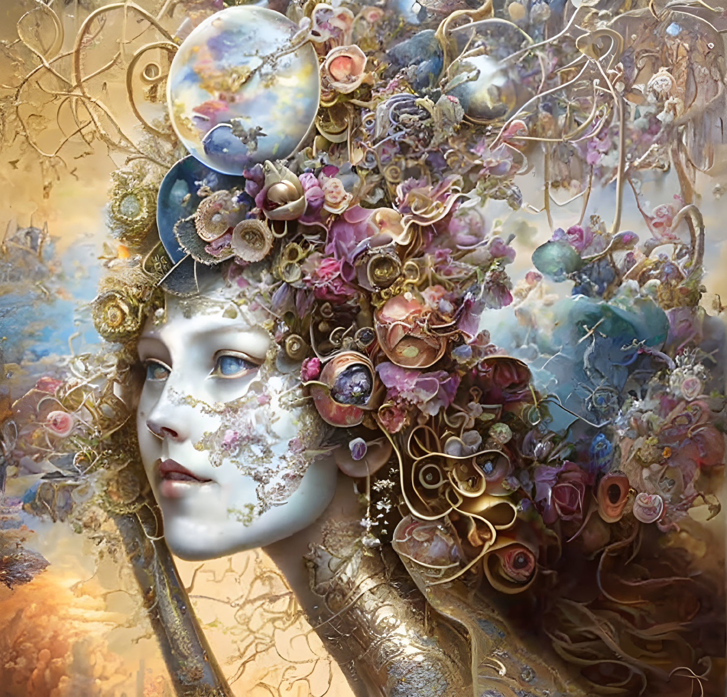 Fantastical portrait of a woman with floral, gear, and celestial headpiece in pastel hues