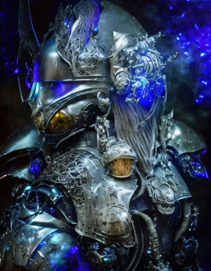 Fantasy armor set with intricate blue designs and glowing elements