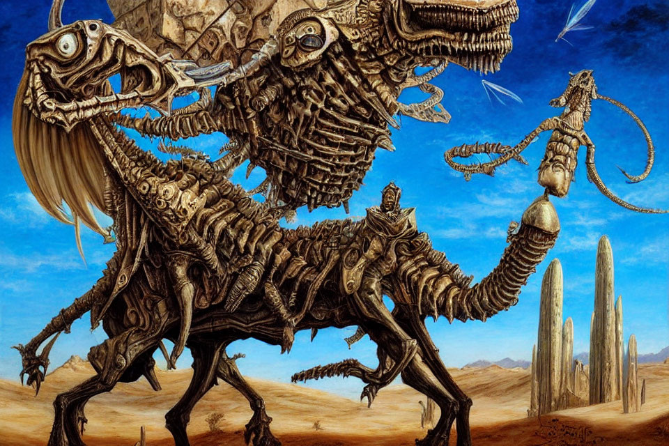 Intricate surreal artwork of biomechanical horse and rider in desert landscape