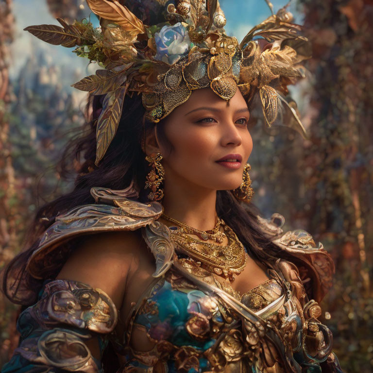 Golden-armored woman with intricate headdress against blurred nature backdrop