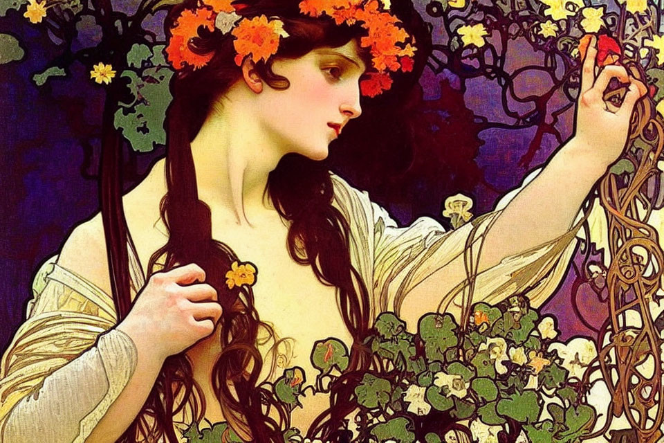 Woman with floral wreath in Art Nouveau style garden painting.