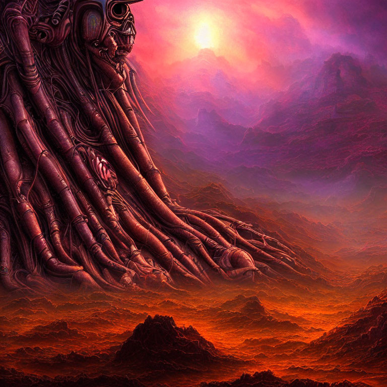 Surreal landscape featuring robotic skull, tangled cables, red sky, and mountains