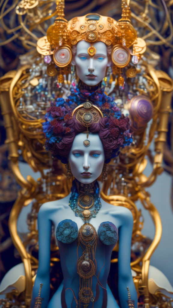 Surreal image of blue-skinned humanoid figures with golden headpieces