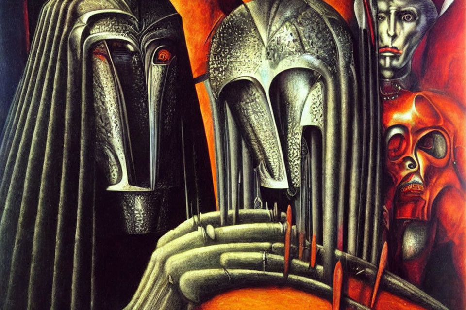 Abstract surreal artwork: elongated metal helmets, vibrant red tones