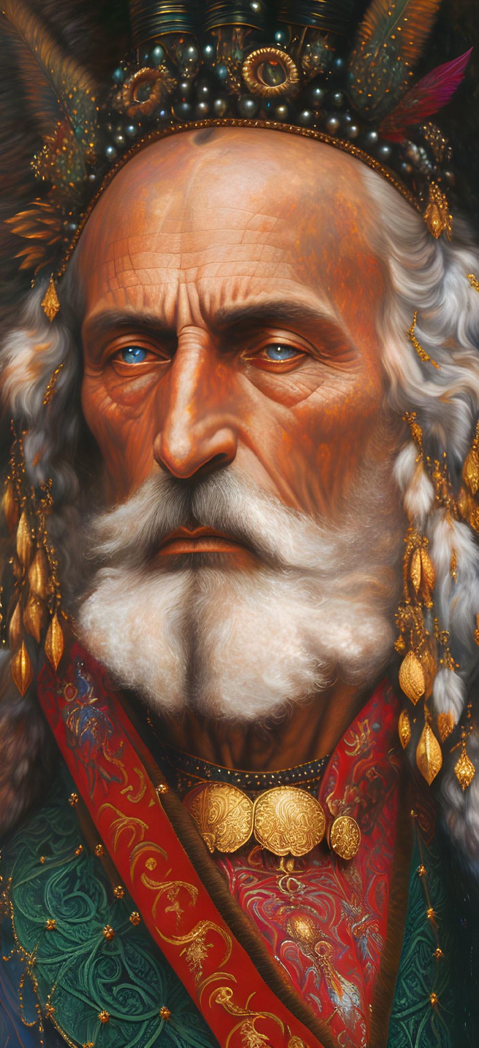 Regal figure with white beard, golden crown, ornate jewelry, red and green robe