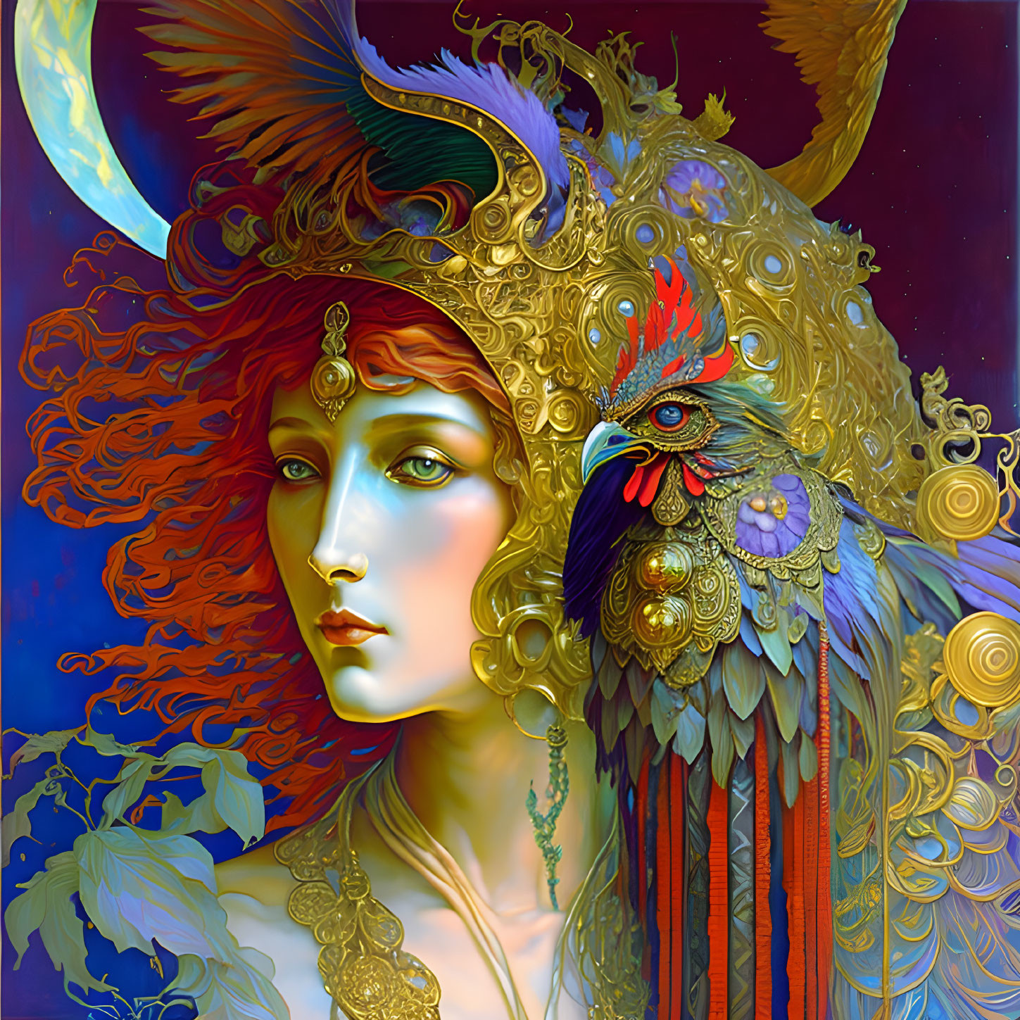 Woman with Golden Headdress and Rooster Motif on Blue Background