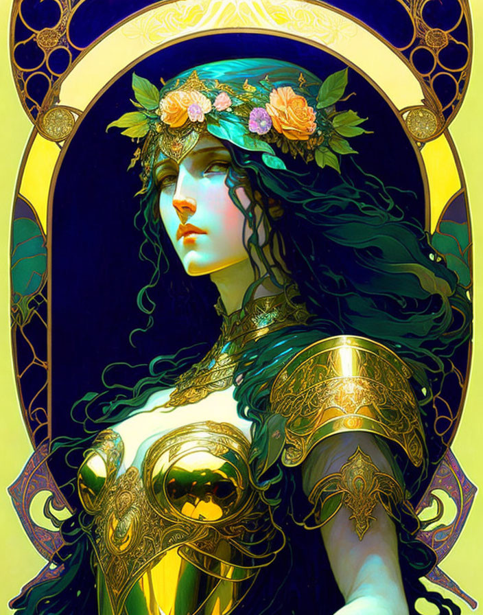 Intricate golden armor on female figure in art nouveau setting