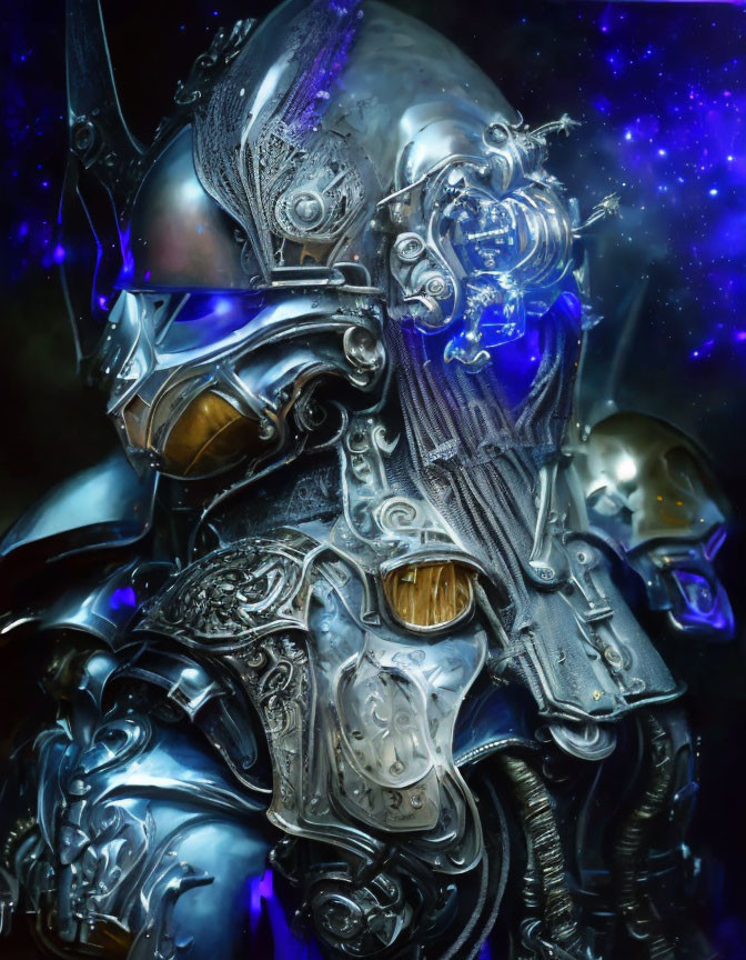 Detailed Silver and Blue Futuristic Knight Armor on Cosmic Background