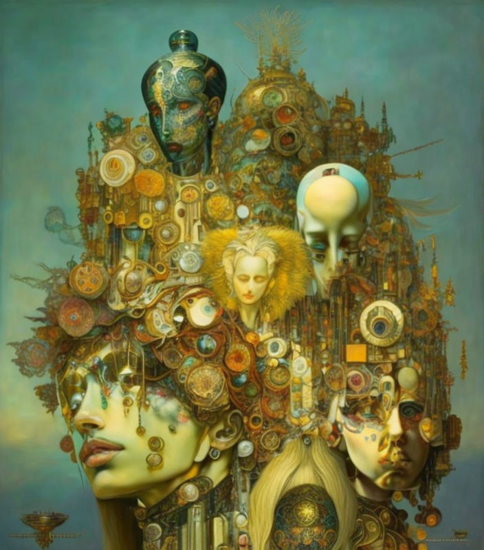 Surreal Artwork with Multiple Faces and Mechanical Elements