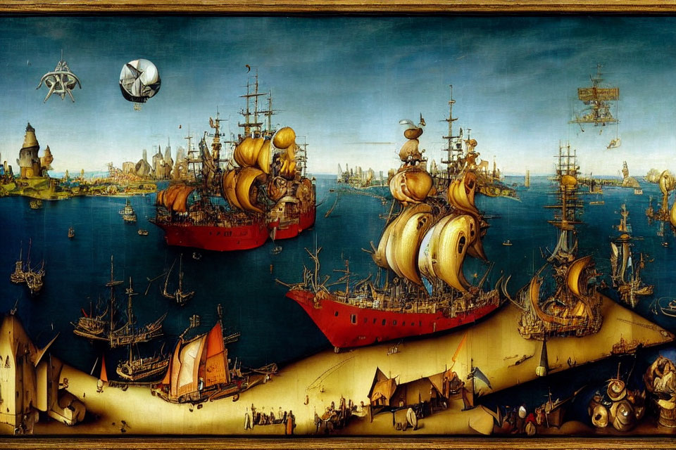 Detailed Maritime Painting of Age of Discovery Ships in Coastal City