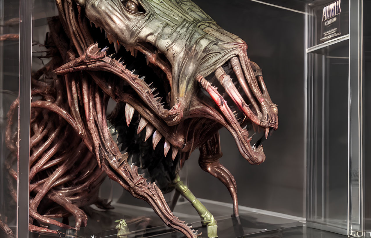 Detailed monstrous creature model with sharp teeth and tentacles in glass display.