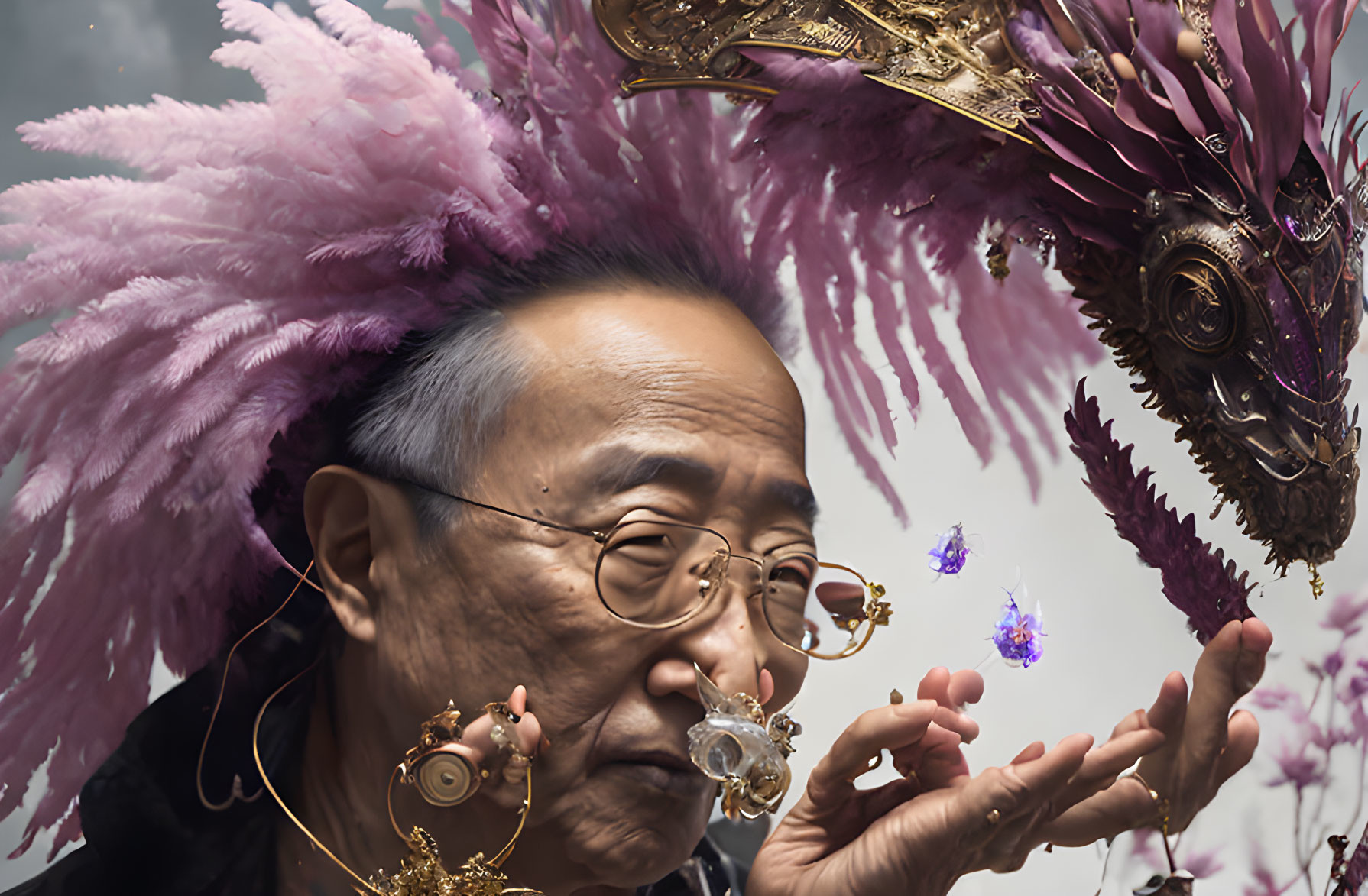 Elderly person with glasses examining intricate object near ornate headdress