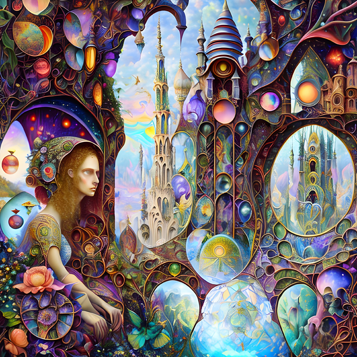 Vibrant surreal artwork: woman's profile with fantastical architecture, ornate flora, cosmic elements