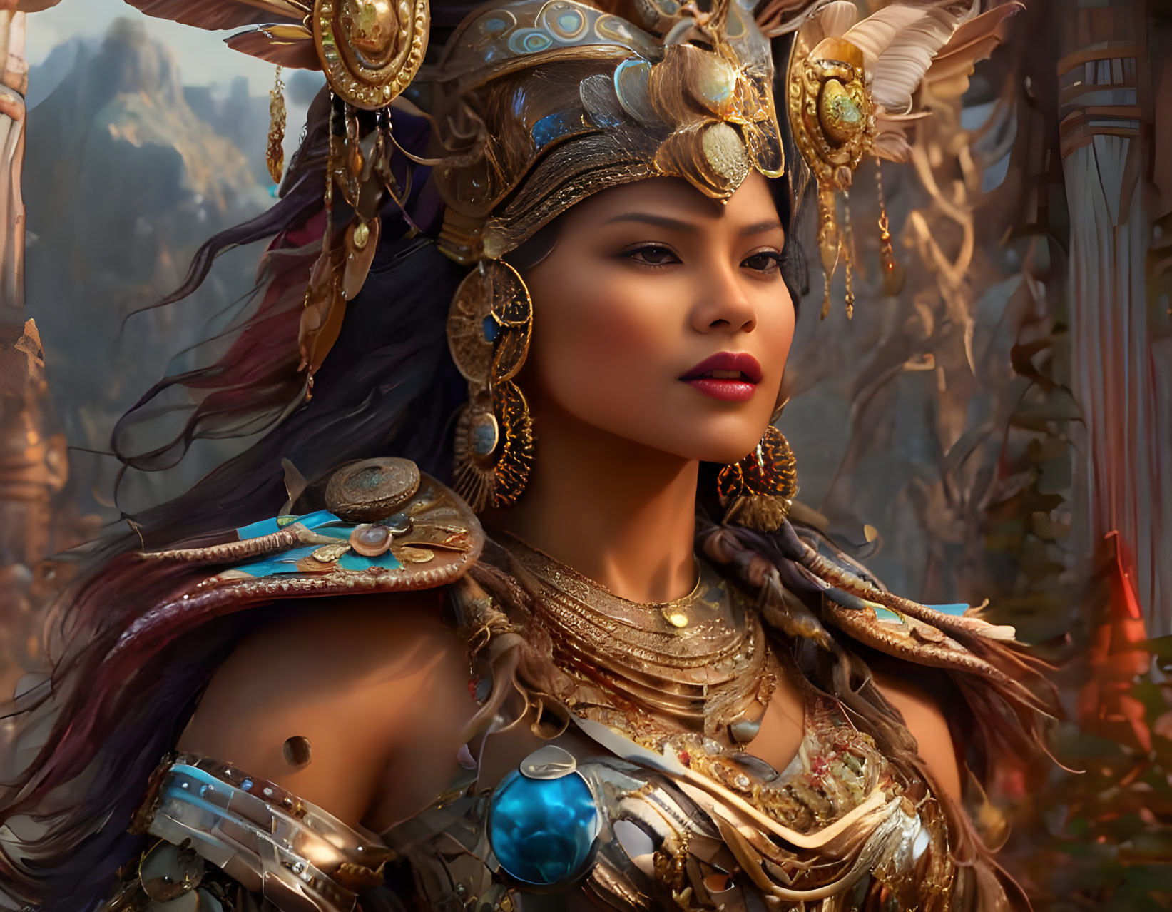 Elaborate golden headgear and armor on regal woman amidst mystical backdrop