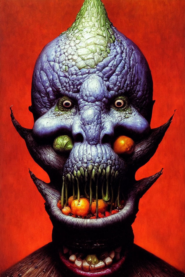 Purple Textured Head with Fruit-Like Features and Yellow Eyes on Orange Background