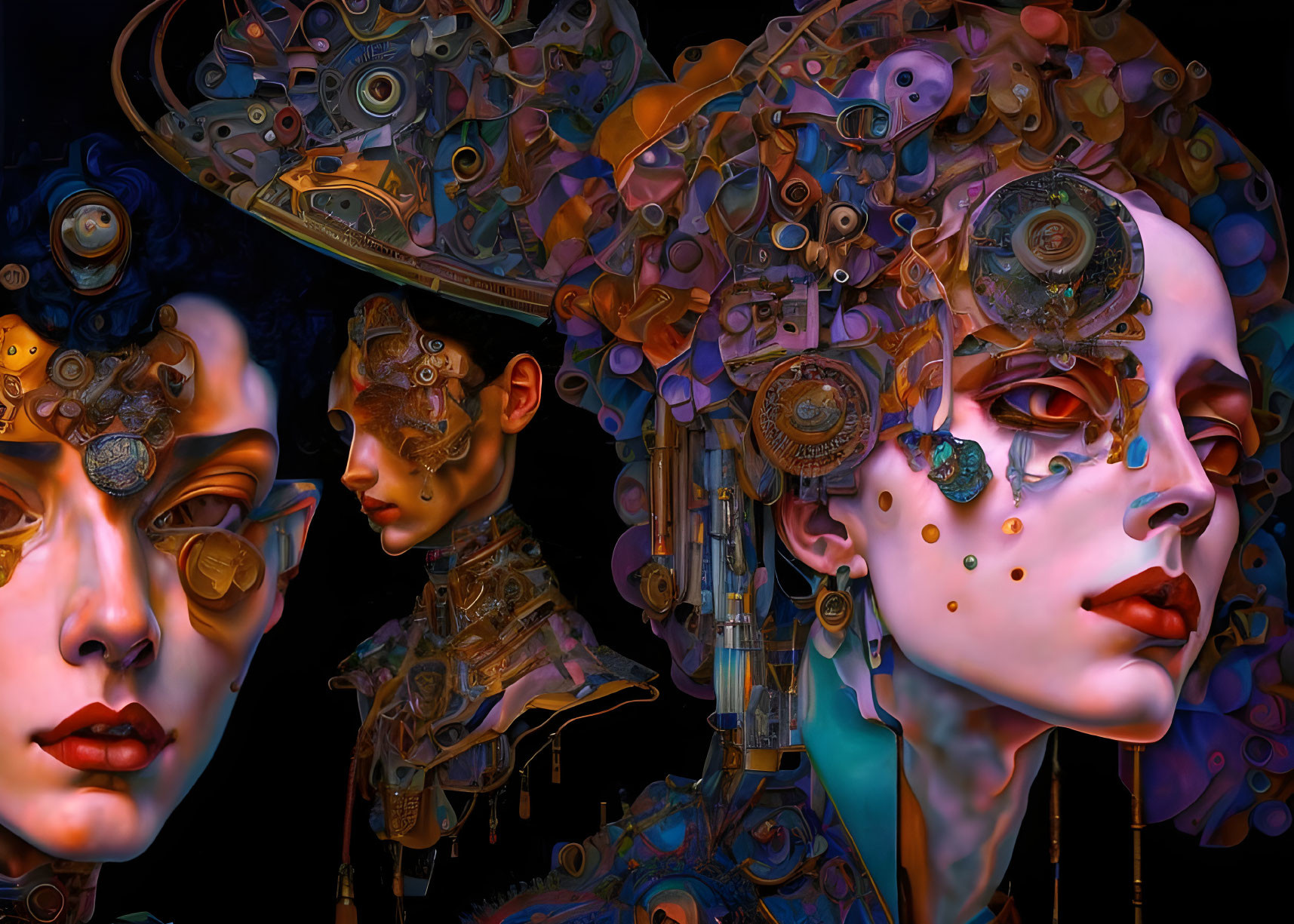 Three cybernetic beings with gear heads in a surreal steampunk scene