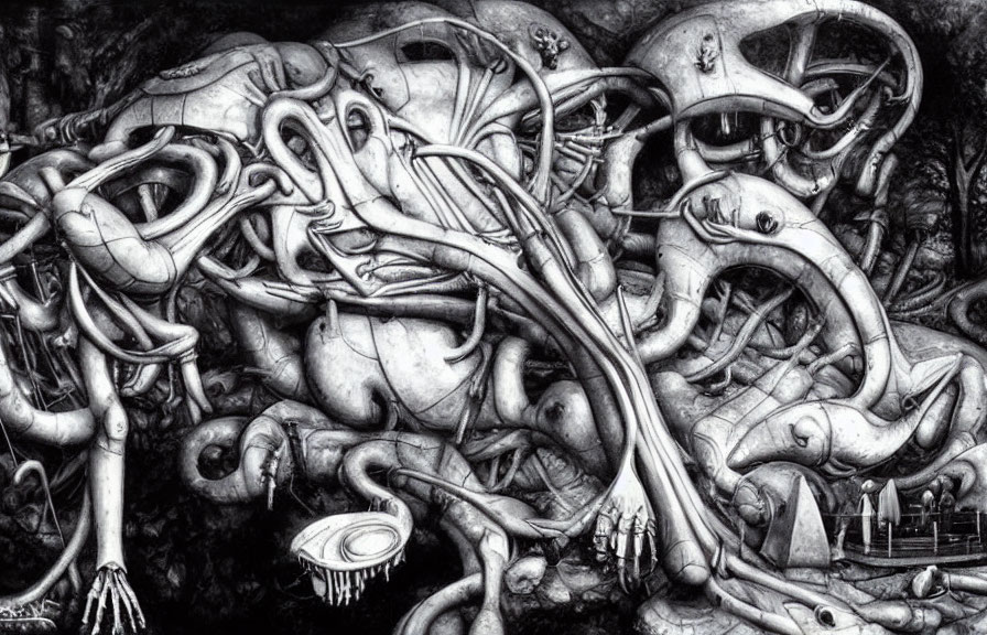 Detailed Monochrome Surreal Drawing of Tentacled Creatures and Human-like Elements