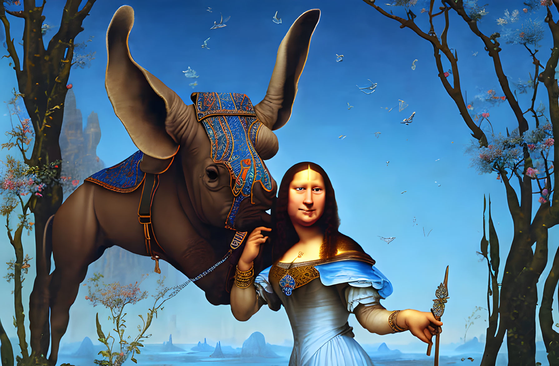 Surreal portrait: Mona Lisa with adorned elephant in serene landscape