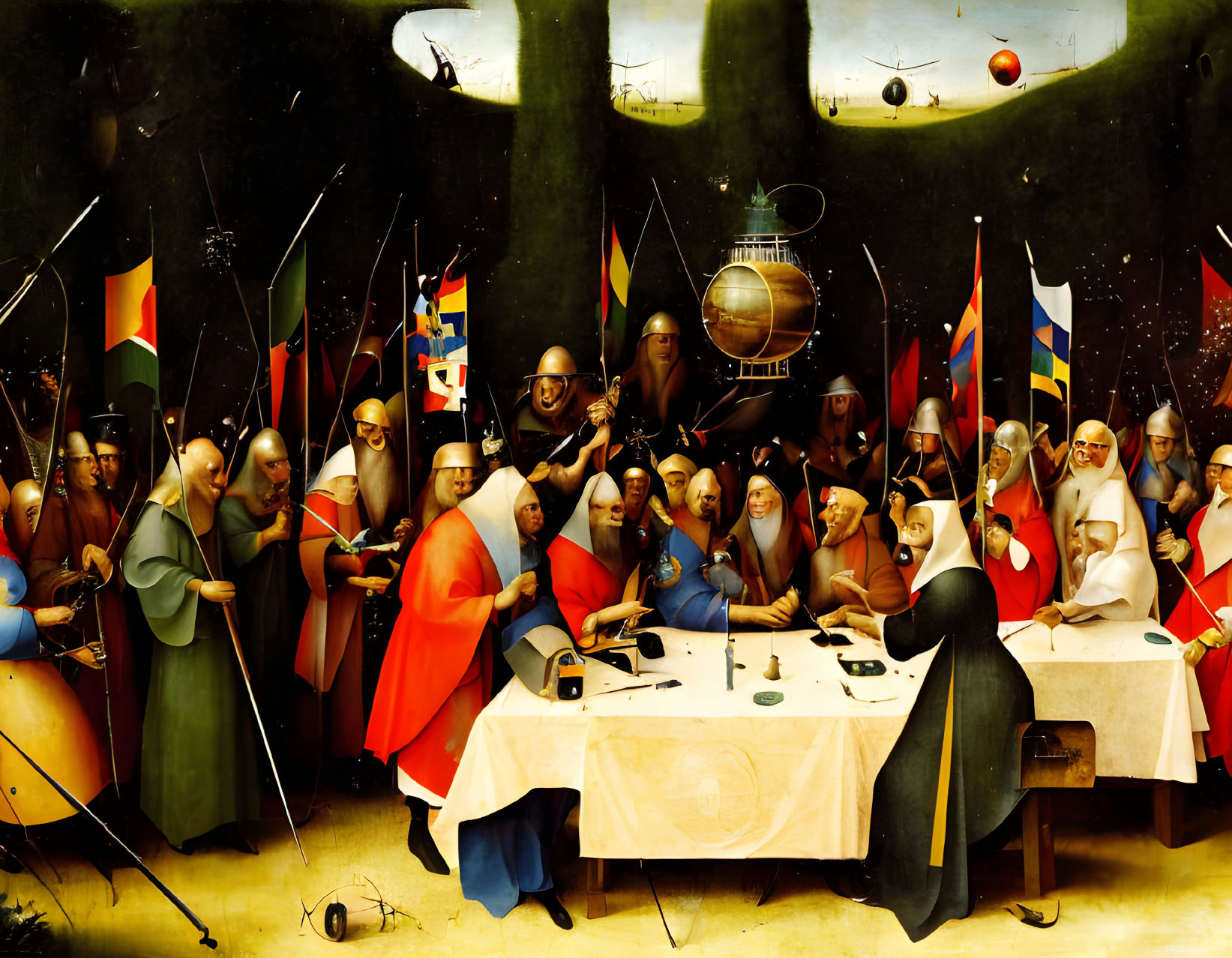 Group of robed figures in scholarly discussion with flags, celestial orbs, and instruments