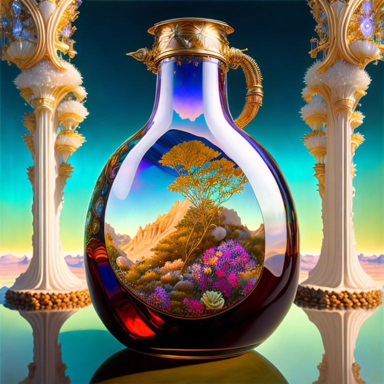 Colorful surreal artwork: glass vessel with miniature landscape, trees, mountains, flowers, golden columns on