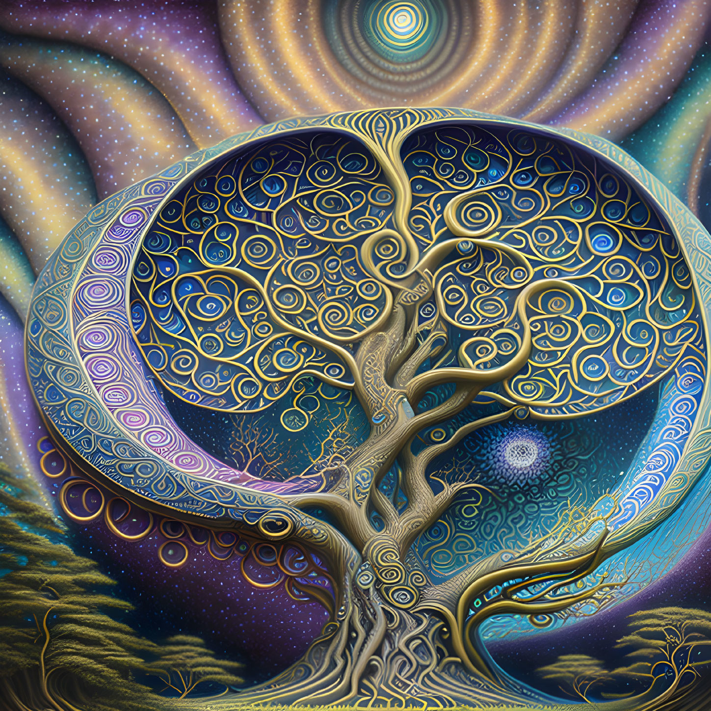 Colorful Tree of Life Artwork with Cosmic Background