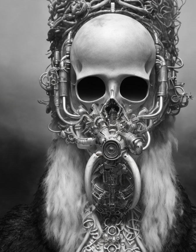 Monochromatic artistic image of skull-headed figure with metal details and fur collar