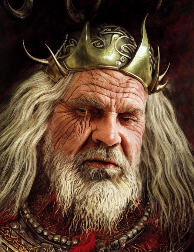 Detailed portrait of an old king with furrowed brow, golden crown, and red attire