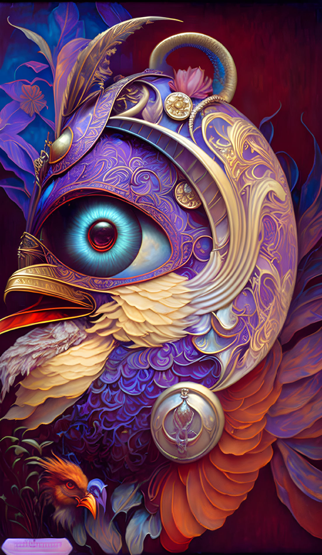 Detailed colorful ornate bird illustration with large eye and fantastical armor on floral background