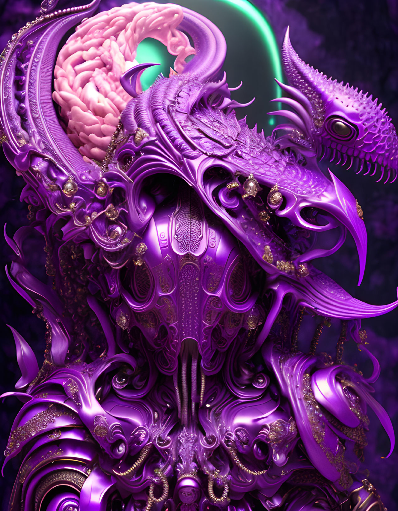 Detailed Purple & Silver Digital Artwork: Armored Figure & Dragon Creature in Ornate Design