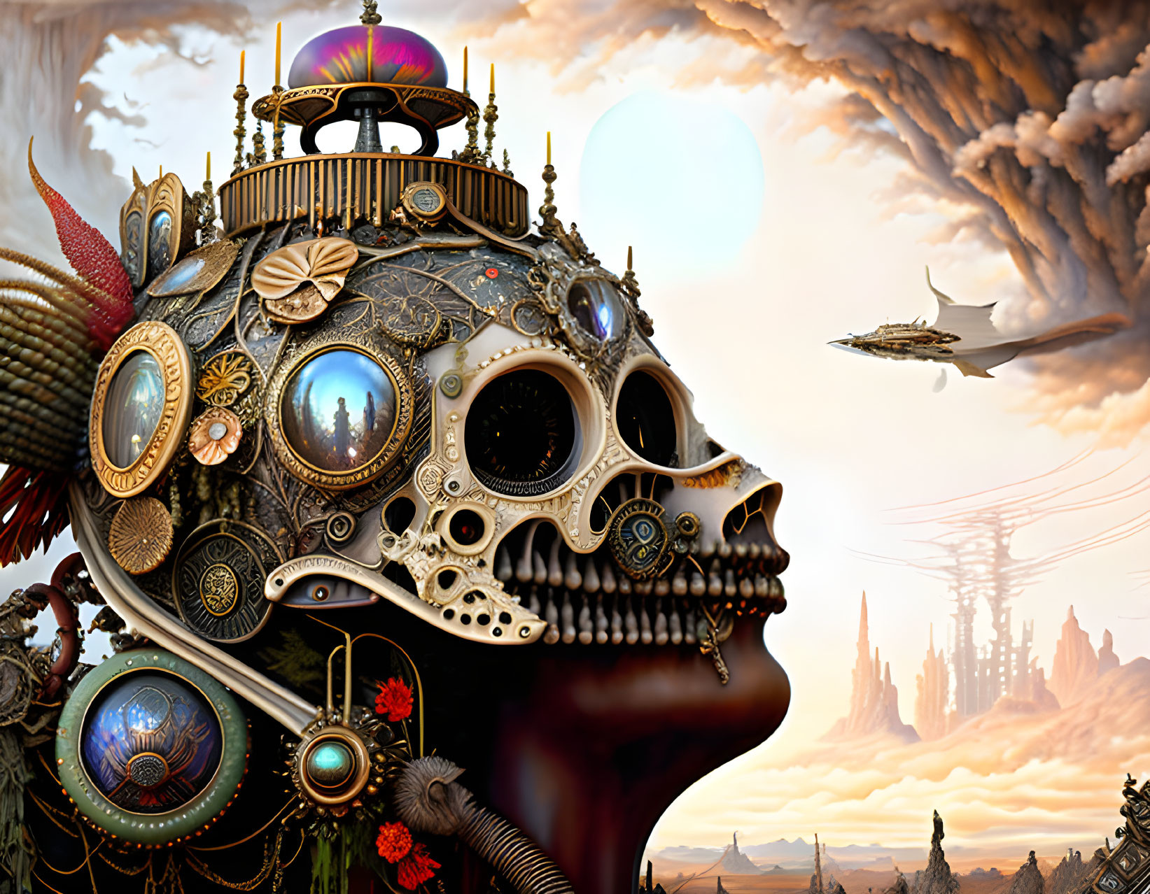 Steampunk skull with gears and metallic details against surreal backdrop